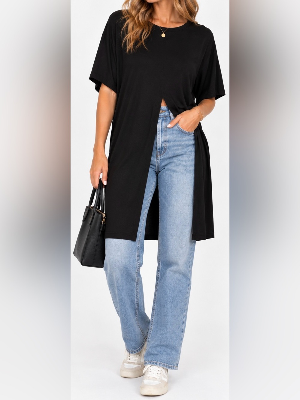 Free People Beach Black Long Slit Tunic Short Sleeve Top - Size M